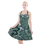 Green Ornament Texture, Green Flowers Retro Background Halter Party Swing Dress 