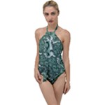 Green Ornament Texture, Green Flowers Retro Background Go with the Flow One Piece Swimsuit