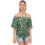 Green Ornament Texture, Green Flowers Retro Background Off Shoulder Short Sleeve Top