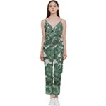Green Ornament Texture, Green Flowers Retro Background V-Neck Camisole Jumpsuit