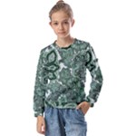 Green Ornament Texture, Green Flowers Retro Background Kids  Long Sleeve T-Shirt with Frill 