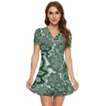 Green Ornament Texture, Green Flowers Retro Background V-Neck High Waist Chiffon Mini Dress
