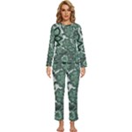 Green Ornament Texture, Green Flowers Retro Background Womens  Long Sleeve Lightweight Pajamas Set