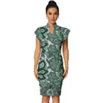 Green Ornament Texture, Green Flowers Retro Background Vintage Frill Sleeve V-Neck Bodycon Dress