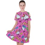 Hello Kitty, Cute, Pattern Short Sleeve Shoulder Cut Out Dress 