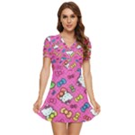 Hello Kitty, Cute, Pattern V-Neck High Waist Chiffon Mini Dress