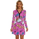Hello Kitty, Cute, Pattern Long Sleeve Deep V Mini Dress 