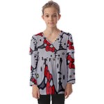 Hello Kitty, Pattern, Red Kids  V Neck Casual Top
