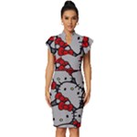 Hello Kitty, Pattern, Red Vintage Frill Sleeve V-Neck Bodycon Dress