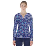 Islamic Ornament Texture, Texture With Stars, Blue Ornament Texture V-Neck Long Sleeve Top