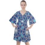 Islamic Ornament Texture, Texture With Stars, Blue Ornament Texture Boho Button Up Dress