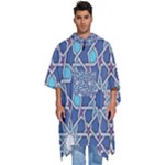 Islamic Ornament Texture, Texture With Stars, Blue Ornament Texture Men s Hooded Rain Ponchos