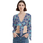 Islamic Ornament Texture, Texture With Stars, Blue Ornament Texture Trumpet Sleeve Cropped Top