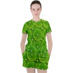 Lime Textures Macro, Tropical Fruits, Citrus Fruits, Green Lemon Texture Women s T-Shirt and Shorts Set
