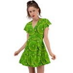 Lime Textures Macro, Tropical Fruits, Citrus Fruits, Green Lemon Texture Flutter Sleeve Wrap Dress