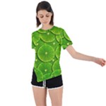 Lime Textures Macro, Tropical Fruits, Citrus Fruits, Green Lemon Texture Asymmetrical Short Sleeve Sports T-Shirt