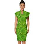 Lime Textures Macro, Tropical Fruits, Citrus Fruits, Green Lemon Texture Vintage Frill Sleeve V-Neck Bodycon Dress