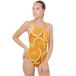 Oranges Textures, Close-up, Tropical Fruits, Citrus Fruits, Fruits High Neck One Piece Swimsuit