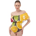 Oranges, Grapefruits, Lemons, Limes, Fruits Off Shoulder Velour Bodysuit 