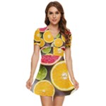 Oranges, Grapefruits, Lemons, Limes, Fruits V-Neck High Waist Chiffon Mini Dress