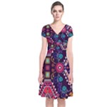 Pattern, Ornament, Motif, Colorful Short Sleeve Front Wrap Dress