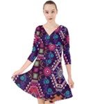 Pattern, Ornament, Motif, Colorful Quarter Sleeve Front Wrap Dress
