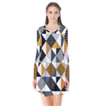 Pattern Tile Squares Triangles Seamless Geometry Long Sleeve V-neck Flare Dress