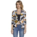 Pattern Tile Squares Triangles Seamless Geometry Women s 3/4 Sleeve Ruffle Edge Open Front Jacket