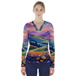Field Valley Nature Meadows Flowers Dawn Landscape V-Neck Long Sleeve Top