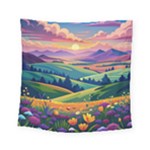 Field Valley Nature Meadows Flowers Dawn Landscape Square Tapestry (Small)