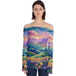 Field Valley Nature Meadows Flowers Dawn Landscape Off Shoulder Long Sleeve Top