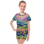 Field Valley Nature Meadows Flowers Dawn Landscape Kids  Mesh T-Shirt and Shorts Set