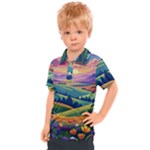 Field Valley Nature Meadows Flowers Dawn Landscape Kids  Polo T-Shirt