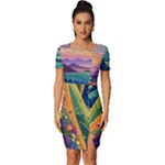 Field Valley Nature Meadows Flowers Dawn Landscape Fitted Knot Split End Bodycon Dress