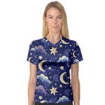 Night Moon Seamless Background Stars Sky Clouds Texture Pattern V-Neck Sport Mesh T-Shirt