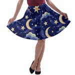 Night Moon Seamless Background Stars Sky Clouds Texture Pattern A-line Skater Skirt