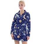 Night Moon Seamless Background Stars Sky Clouds Texture Pattern Women s Long Sleeve Casual Dress