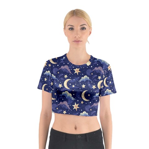 Night Moon Seamless Background Stars Sky Clouds Texture Pattern Cotton Crop Top from UrbanLoad.com