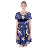 Night Moon Seamless Background Stars Sky Clouds Texture Pattern Short Sleeve V-neck Flare Dress