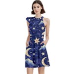 Night Moon Seamless Background Stars Sky Clouds Texture Pattern Cocktail Party Halter Sleeveless Dress With Pockets