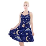 Night Moon Seamless Background Stars Sky Clouds Texture Pattern Halter Party Swing Dress 