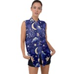 Night Moon Seamless Background Stars Sky Clouds Texture Pattern Sleeveless Chiffon Button Shirt