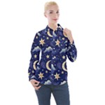 Night Moon Seamless Background Stars Sky Clouds Texture Pattern Women s Long Sleeve Pocket Shirt