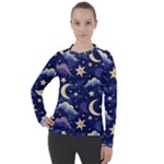 Night Moon Seamless Background Stars Sky Clouds Texture Pattern Women s Pique Long Sleeve T-Shirt
