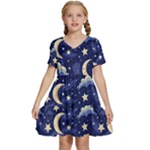 Night Moon Seamless Background Stars Sky Clouds Texture Pattern Kids  Short Sleeve Tiered Mini Dress