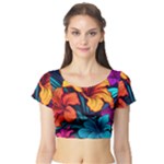 Hibiscus Flowers Colorful Vibrant Tropical Garden Bright Saturated Nature Short Sleeve Crop Top