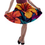 Hibiscus Flowers Colorful Vibrant Tropical Garden Bright Saturated Nature A-line Skater Skirt