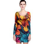 Hibiscus Flowers Colorful Vibrant Tropical Garden Bright Saturated Nature Long Sleeve Velvet Bodycon Dress