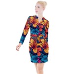 Hibiscus Flowers Colorful Vibrant Tropical Garden Bright Saturated Nature Button Long Sleeve Dress