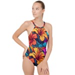 Hibiscus Flowers Colorful Vibrant Tropical Garden Bright Saturated Nature High Neck One Piece Swimsuit